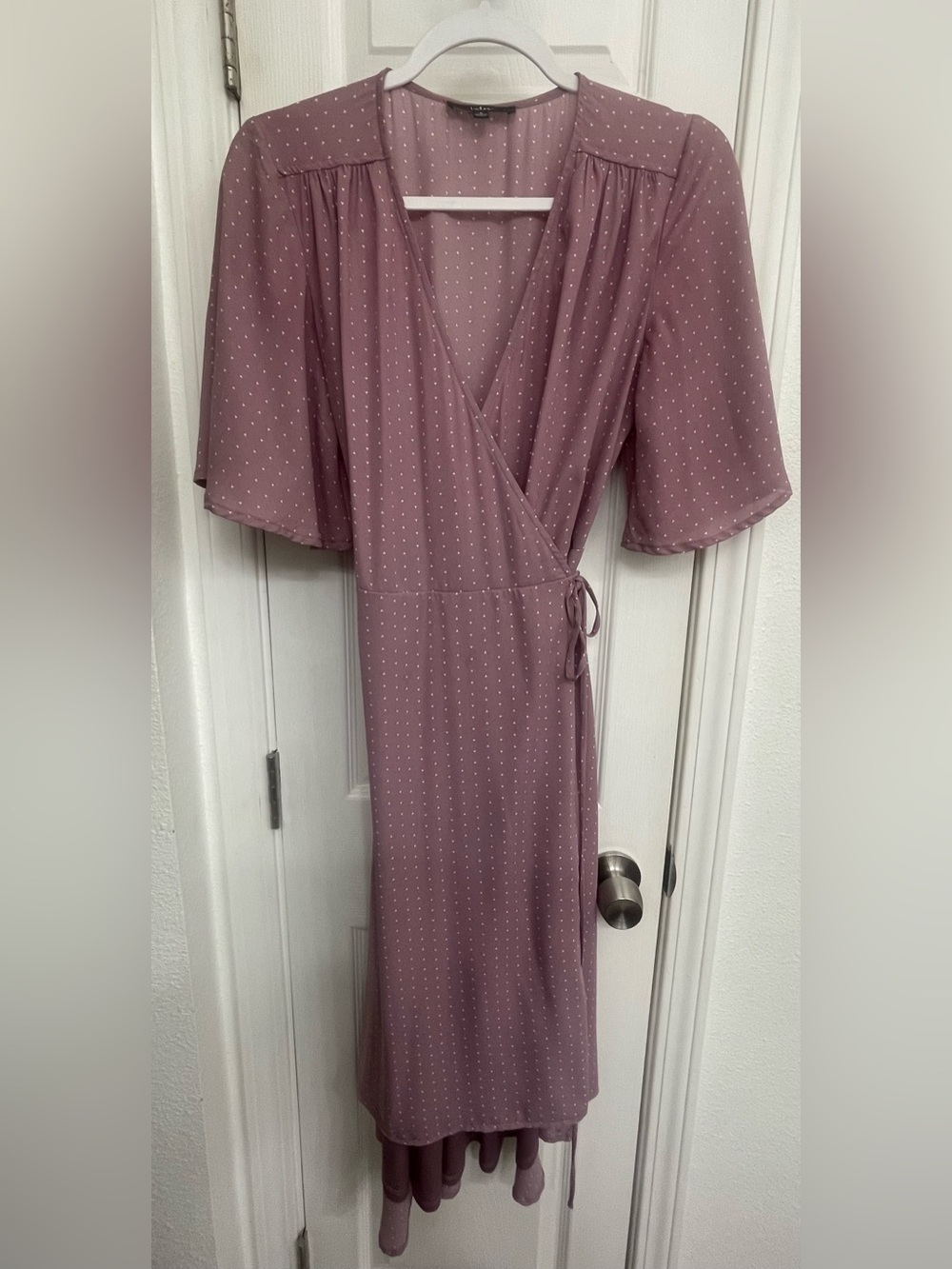 Lulu's Mauve Dot Wrap Midi Dress